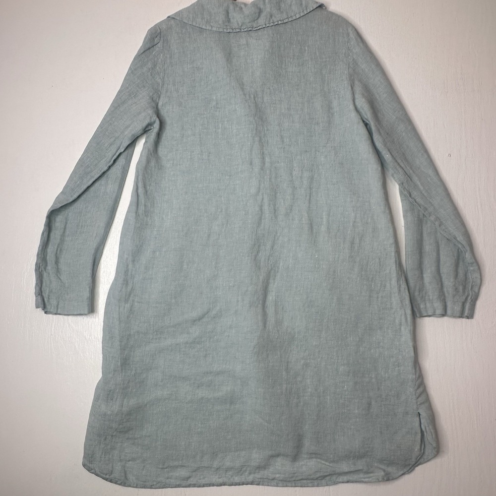 Flax Tunic Dress Small Green Linen Button Front Long Sleeve Lagenlook Top Womens - Picture 4 of 8